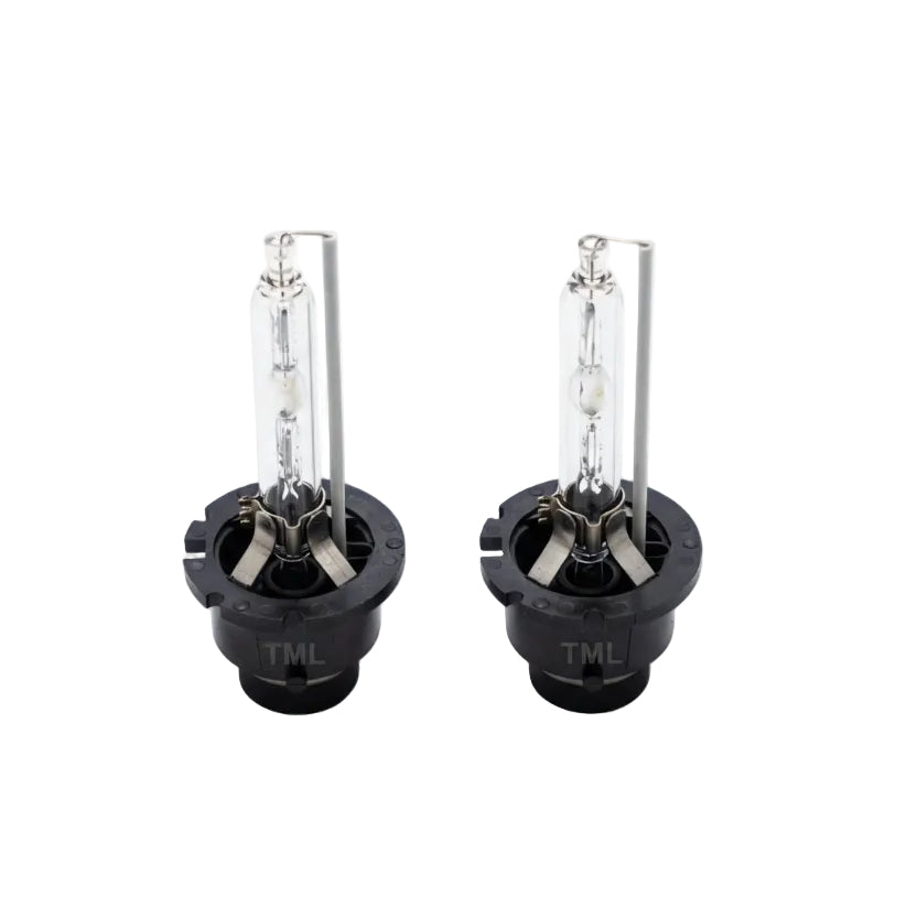 Two TML car headlight bulbs on a white background